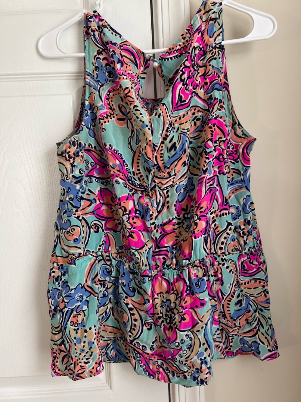 Lilly Pullitzer Pink & Blue Multicolor Floral Sleeveless Peplum Top Medium - Picture 2 of 6